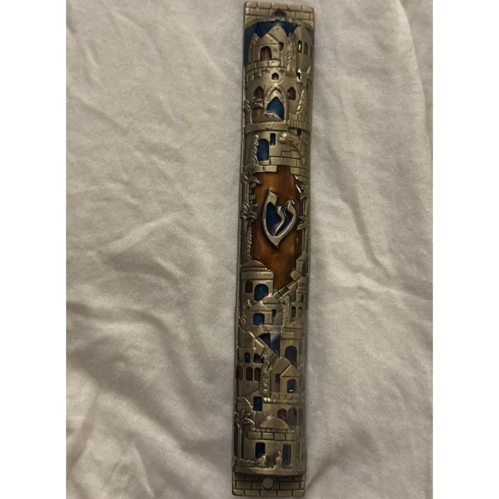 Cylindrical Pewter/Brass Mezuzah Case Jerusalem Holy city Wall Motif Jewish Gift